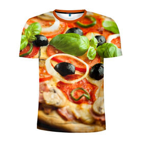 Мужская футболка 3D спортивная с принтом Пицца в Екатеринбурге, 100% полиэстер с улучшенными характеристиками | приталенный силуэт, круглая горловина, широкие плечи, сужается к линии бедра | Тематика изображения на принте: базилик | еда | зелень | маслины | оливки | пицца | помидоры
