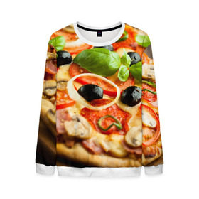 Мужской свитшот 3D с принтом Пицца в Екатеринбурге, 100% полиэстер с мягким внутренним слоем | круглый вырез горловины, мягкая резинка на манжетах и поясе, свободная посадка по фигуре | базилик | еда | зелень | маслины | оливки | пицца | помидоры