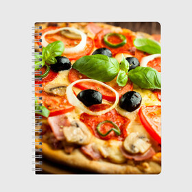 Тетрадь с принтом Пицца в Екатеринбурге, 100% бумага | 48 листов, плотность листов — 60 г/м2, плотность картонной обложки — 250 г/м2. Листы скреплены сбоку удобной пружинной спиралью. Уголки страниц и обложки скругленные. Цвет линий — светло-серый
 | базилик | еда | зелень | маслины | оливки | пицца | помидоры