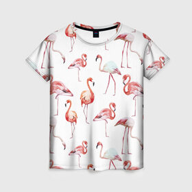 Женская футболка 3D с принтом Узор из фламинго в Екатеринбурге, 100% полиэфир ( синтетическое хлопкоподобное полотно) | прямой крой, круглый вырез горловины, длина до линии бедер | животные | мозаика | птицы | узор | фауна | фламинго