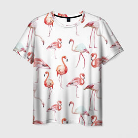 Мужская футболка 3D с принтом Узор из фламинго в Екатеринбурге, 100% полиэфир | прямой крой, круглый вырез горловины, длина до линии бедер | животные | мозаика | птицы | узор | фауна | фламинго