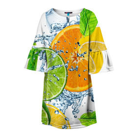 Детское платье 3D с принтом Мятный смузи в Екатеринбурге, 100% полиэстер | прямой силуэт, чуть расширенный к низу. Круглая горловина, на рукавах — воланы | Тематика изображения на принте: вода | еда | зима | искусство | лайм | лимон | листья | новинки | природа | солнце | фрукты