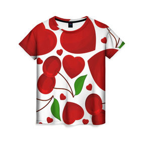 Женская футболка 3D с принтом сердце и вишня в Екатеринбурге, 100% полиэфир ( синтетическое хлопкоподобное полотно) | прямой крой, круглый вырез горловины, длина до линии бедер | вишня | сердце