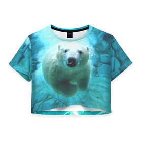 Женская футболка 3D укороченная с принтом медведь в Екатеринбурге, 100% полиэстер | круглая горловина, длина футболки до линии талии, рукава с отворотами | медведь | пловец
