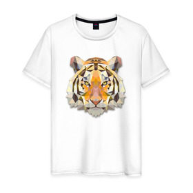 Мужская футболка хлопок с принтом Полигональный тигр в Екатеринбурге, 100% хлопок | прямой крой, круглый вырез горловины, длина до линии бедер, слегка спущенное плечо. | геометрический рисунок | голова | животные | тигр | фауна