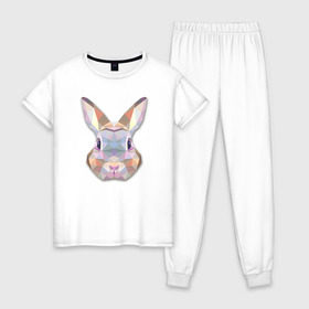 Женская пижама хлопок с принтом Полигональный кролик в Екатеринбурге, 100% хлопок | брюки и футболка прямого кроя, без карманов, на брюках мягкая резинка на поясе и по низу штанин | геометрический рисунок | голова | животные | кролик | фауна