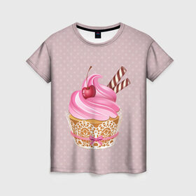 Женская футболка 3D с принтом пироженка в Екатеринбурге, 100% полиэфир ( синтетическое хлопкоподобное полотно) | прямой крой, круглый вырез горловины, длина до линии бедер | candy | вишня | еда | конфеты | крем | пироженое | сладости