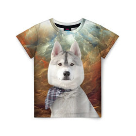 Детская футболка 3D с принтом Хаски в Екатеринбурге, 100% гипоаллергенный полиэфир | прямой крой, круглый вырез горловины, длина до линии бедер, чуть спущенное плечо, ткань немного тянется | маламут | песик | собака | собаки | собачка | хаски