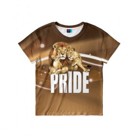 Детская футболка 3D с принтом Pride в Екатеринбурге, 100% гипоаллергенный полиэфир | прямой крой, круглый вырез горловины, длина до линии бедер, чуть спущенное плечо, ткань немного тянется | lion | голова животного | кот | кошка | лев | хищник | царь | цвет