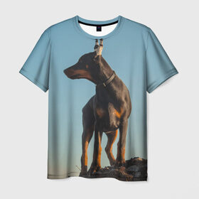 Мужская футболка 3D с принтом Доберман в Екатеринбурге, 100% полиэфир | прямой крой, круглый вырез горловины, длина до линии бедер | Тематика изображения на принте: доберман | доберманы | пес | песик | псы | собака | собаки