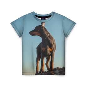 Детская футболка 3D с принтом Доберман в Екатеринбурге, 100% гипоаллергенный полиэфир | прямой крой, круглый вырез горловины, длина до линии бедер, чуть спущенное плечо, ткань немного тянется | Тематика изображения на принте: доберман | доберманы | пес | песик | псы | собака | собаки