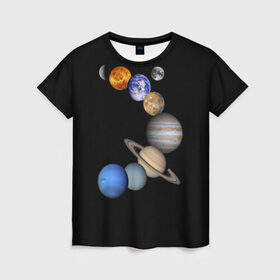 Женская футболка 3D с принтом Парад планет в Екатеринбурге, 100% полиэфир ( синтетическое хлопкоподобное полотно) | прямой крой, круглый вырез горловины, длина до линии бедер | звёзды | космическое пространство | космос | планета | созвездие