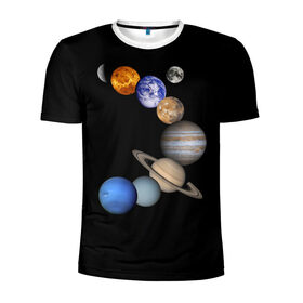 Мужская футболка 3D спортивная с принтом Парад планет в Екатеринбурге, 100% полиэстер с улучшенными характеристиками | приталенный силуэт, круглая горловина, широкие плечи, сужается к линии бедра | Тематика изображения на принте: звёзды | космическое пространство | космос | планета | созвездие