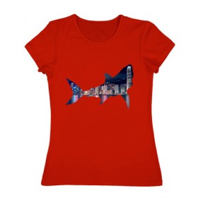 Женская футболка хлопок с принтом акула город в Екатеринбурге, 100% хлопок | прямой крой, круглый вырез горловины, длина до линии бедер, слегка спущенное плечо | 