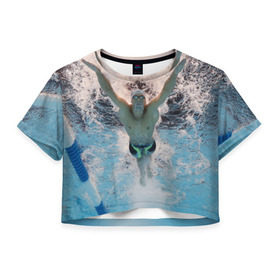 Женская футболка 3D укороченная с принтом Пловец в Екатеринбурге, 100% полиэстер | круглая горловина, длина футболки до линии талии, рукава с отворотами | 