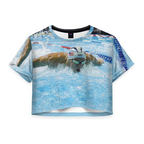 Женская футболка 3D укороченная с принтом Пловец в Екатеринбурге, 100% полиэстер | круглая горловина, длина футболки до линии талии, рукава с отворотами | бассейн | вода | пловец