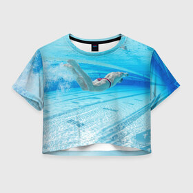 Женская футболка 3D укороченная с принтом swimmer в Екатеринбурге, 100% полиэстер | круглая горловина, длина футболки до линии талии, рукава с отворотами | пловец
