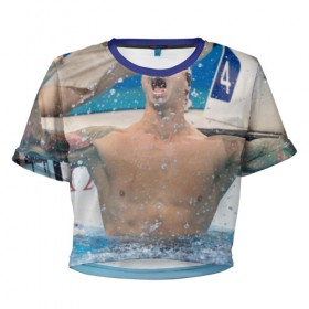 Женская футболка 3D укороченная с принтом Пловец в Екатеринбурге, 100% полиэстер | круглая горловина, длина футболки до линии талии, рукава с отворотами | swimmer