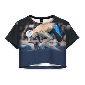 Женская футболка 3D укороченная с принтом Пловец в Екатеринбурге, 100% полиэстер | круглая горловина, длина футболки до линии талии, рукава с отворотами | бассейн | вода | прыжок