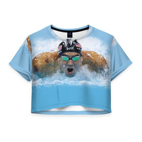 Женская футболка 3D укороченная с принтом swimmer в Екатеринбурге, 100% полиэстер | круглая горловина, длина футболки до линии талии, рукава с отворотами | пловец