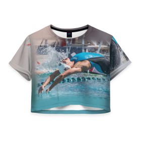 Женская футболка 3D укороченная с принтом Пловец в Екатеринбурге, 100% полиэстер | круглая горловина, длина футболки до линии талии, рукава с отворотами | swimmer