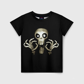 Детская футболка 3D с принтом Скeлетик в Екатеринбурге, 100% гипоаллергенный полиэфир | прямой крой, круглый вырез горловины, длина до линии бедер, чуть спущенное плечо, ткань немного тянется | bones | halloween | skull в идеи подарков в хеллоуин | скелет | скелеты | хеллоиун | хэллоуин | хэлоуин | череп | черепа