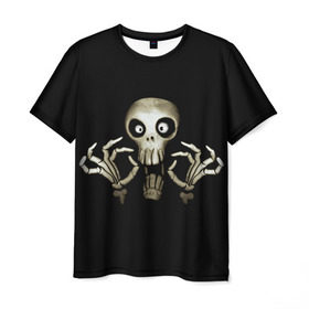 Мужская футболка 3D с принтом Скeлетик в Екатеринбурге, 100% полиэфир | прямой крой, круглый вырез горловины, длина до линии бедер | bones | halloween | skull в идеи подарков в хеллоуин | скелет | скелеты | хеллоиун | хэллоуин | хэлоуин | череп | черепа