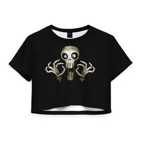 Женская футболка 3D укороченная с принтом Скeлетик в Екатеринбурге, 100% полиэстер | круглая горловина, длина футболки до линии талии, рукава с отворотами | bones | halloween | skull в идеи подарков в хеллоуин | скелет | скелеты | хеллоиун | хэллоуин | хэлоуин | череп | черепа