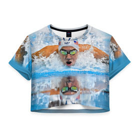 Женская футболка 3D укороченная с принтом Пловец в Екатеринбурге, 100% полиэстер | круглая горловина, длина футболки до линии талии, рукава с отворотами | плавание