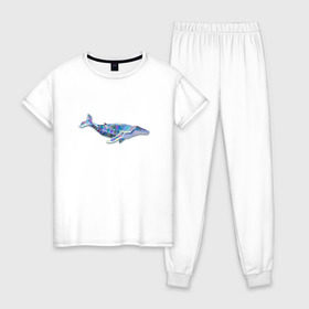 Женская пижама хлопок с принтом Полигональный кит в Екатеринбурге, 100% хлопок | брюки и футболка прямого кроя, без карманов, на брюках мягкая резинка на поясе и по низу штанин | 