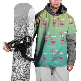 Накидка на куртку 3D с принтом Фламинго и пальмы в Екатеринбурге, 100% полиэстер |  | животные | мозаика | пальмы | птицы | тропики | узор | фауна | фламинго