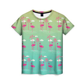 Женская футболка 3D с принтом Фламинго и пальмы в Екатеринбурге, 100% полиэфир ( синтетическое хлопкоподобное полотно) | прямой крой, круглый вырез горловины, длина до линии бедер | животные | мозаика | пальмы | птицы | тропики | узор | фауна | фламинго