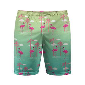 Мужские шорты 3D спортивные с принтом Фламинго и пальмы в Екатеринбурге,  |  | животные | мозаика | пальмы | птицы | тропики | узор | фауна | фламинго