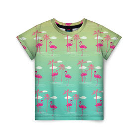 Детская футболка 3D с принтом Фламинго и пальмы в Екатеринбурге, 100% гипоаллергенный полиэфир | прямой крой, круглый вырез горловины, длина до линии бедер, чуть спущенное плечо, ткань немного тянется | животные | мозаика | пальмы | птицы | тропики | узор | фауна | фламинго