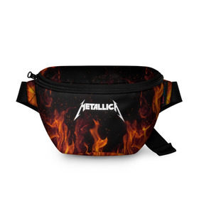 Поясная сумка 3D с принтом Metallica fire в Екатеринбурге, 100% полиэстер | плотная ткань, ремень с регулируемой длиной, внутри несколько карманов для мелочей, основное отделение и карман с обратной стороны сумки застегиваются на молнию | металлика