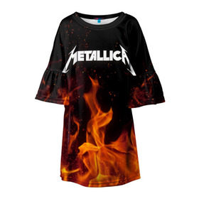 Детское платье 3D с принтом Metallica fire в Екатеринбурге, 100% полиэстер | прямой силуэт, чуть расширенный к низу. Круглая горловина, на рукавах — воланы | Тематика изображения на принте: металлика