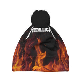 Шапка 3D c помпоном с принтом Metallica fire в Екатеринбурге, 100% полиэстер | универсальный размер, печать по всей поверхности изделия | металлика