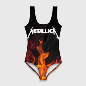 Купальник-боди 3D с принтом Metallica fire в Екатеринбурге, 82% полиэстер, 18% эластан | Круглая горловина, круглый вырез на спине | металлика