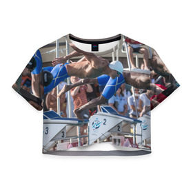 Женская футболка 3D укороченная с принтом Swimmer в Екатеринбурге, 100% полиэстер | круглая горловина, длина футболки до линии талии, рукава с отворотами | плавание | пловец. прыжок