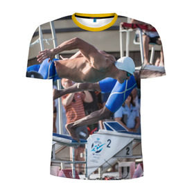 Мужская футболка 3D спортивная с принтом Swimmer в Екатеринбурге, 100% полиэстер с улучшенными характеристиками | приталенный силуэт, круглая горловина, широкие плечи, сужается к линии бедра | плавание | пловец. прыжок