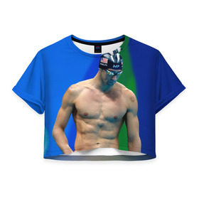 Женская футболка 3D укороченная с принтом Michael Phelps в Екатеринбурге, 100% полиэстер | круглая горловина, длина футболки до линии талии, рукава с отворотами | бассейн | пловец | чемпион. фелепс