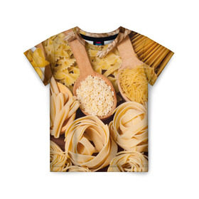 Детская футболка 3D с принтом Макарошки в Екатеринбурге, 100% гипоаллергенный полиэфир | прямой крой, круглый вырез горловины, длина до линии бедер, чуть спущенное плечо, ткань немного тянется | Тематика изображения на принте: еда | макароны | текстуры | узоры