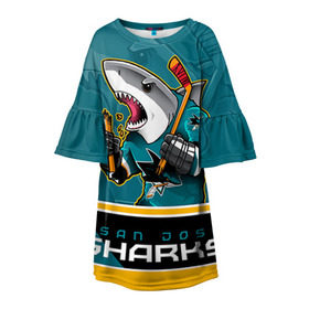 Детское платье 3D с принтом San Jose Sharks в Екатеринбурге, 100% полиэстер | прямой силуэт, чуть расширенный к низу. Круглая горловина, на рукавах — воланы | nhl | san jose sharks | sharks | stanley cup | кубок стенли | кубок стэнли | нхл | сан хосе | сан хосе шаркс | хоккей | хоккейный клуб | шаркс
