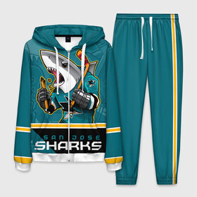 Мужской костюм 3D с принтом San Jose Sharks в Екатеринбурге, 100% полиэстер | Манжеты и пояс оформлены тканевой резинкой, двухслойный капюшон со шнурком для регулировки, карманы спереди | nhl | san jose sharks | sharks | stanley cup | кубок стенли | кубок стэнли | нхл | сан хосе | сан хосе шаркс | хоккей | хоккейный клуб | шаркс