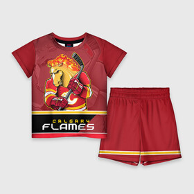 Детский костюм с шортами 3D с принтом Calgary Flames в Екатеринбурге,  |  | Тематика изображения на принте: calgary flames | nhl | stanley cup | калгари флэймз | кубок стенли | кубок стэнли | нхл | флэймс | хоккей | хоккейный клуб
