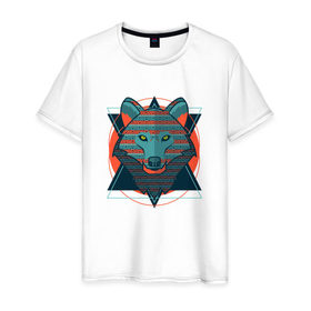 Мужская футболка хлопок с принтом Этно волк в Екатеринбурге, 100% хлопок | прямой крой, круглый вырез горловины, длина до линии бедер, слегка спущенное плечо. | волк | геометрический рисунок | голова | животные | фауна | этно