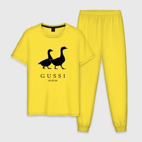 Мужская пижама хлопок с принтом GUSSI в Екатеринбурге, 100% хлопок | брюки и футболка прямого кроя, без карманов, на брюках мягкая резинка на поясе и по низу штанин
 | Тематика изображения на принте: gucci | gussi | антибренд | бренд | гуси | гучи | пародии