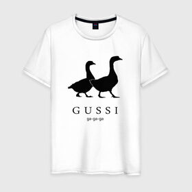 Мужская футболка хлопок с принтом GUSSI в Екатеринбурге, 100% хлопок | прямой крой, круглый вырез горловины, длина до линии бедер, слегка спущенное плечо. | Тематика изображения на принте: gucci | gussi | антибренд | бренд | гуси | гучи | пародии