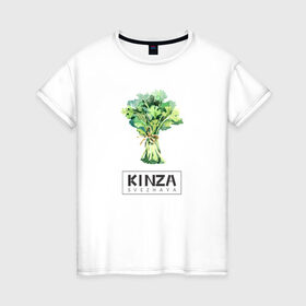 Женская футболка хлопок с принтом KINZA в Екатеринбурге, 100% хлопок | прямой крой, круглый вырез горловины, длина до линии бедер, слегка спущенное плечо | kenzo | kinza | антибренд | бренд | кензо | кинза | пародии