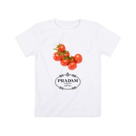 Детская футболка хлопок с принтом PRADAM в Екатеринбурге, 100% хлопок | круглый вырез горловины, полуприлегающий силуэт, длина до линии бедер | Тематика изображения на принте: prada | pradam | антибренд | бренд | пародии | прада | прадам